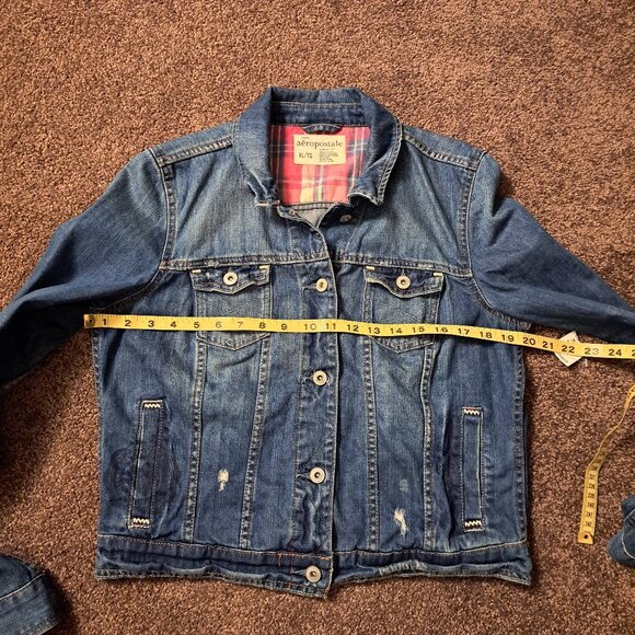 New With Tags Aeropostale Distressed,Cropped,Flannel Lined Denim Jean jacket - Picture 8 of 10